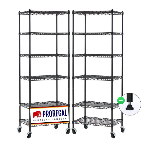 Zwei schwarze Drahtregale mit 6 Böden auf Rollen inklusive höhenverstellbarer Standfüße, Proregal Logo.