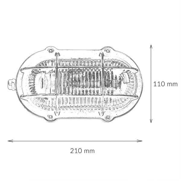 Skizze einer Außenleuchte mit den Maßen 210 mm mal 110 mm.