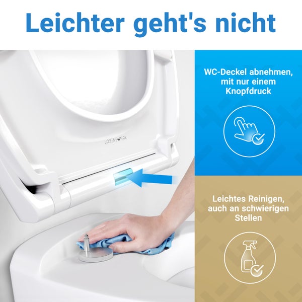 Toilettensitz mit Quick-Release-Funktion zum einfachen Abnehmen per Knopfdruck für eine gründliche Reinigung.