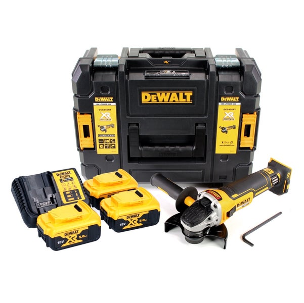 DeWalt Akku-Winkelschleifer-Set mit drei 18 Volt 5,0 Amperestunden Akkus, Ladegerät und TSTAK Werkzeugkoffer.