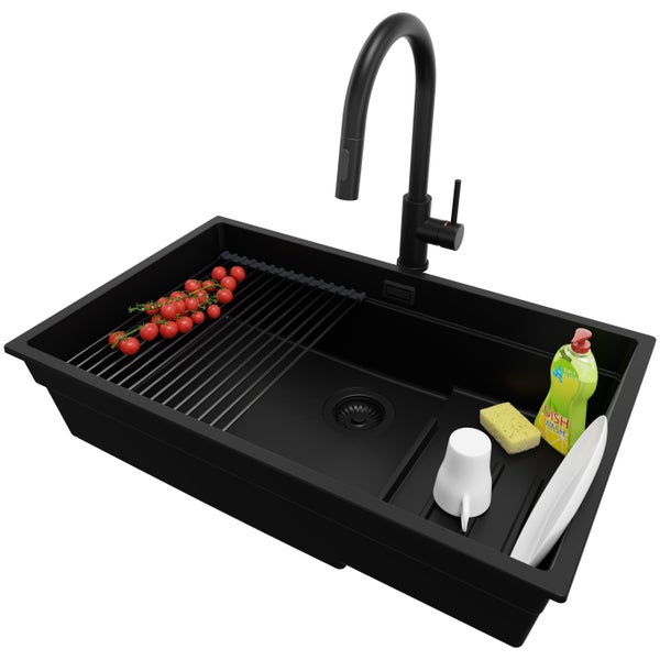 PRIMAGRAN Granitspüle Alles Schwarz 76x47cm, Spülbecken 1 Becken + Küchenarmatur 40x20cm + Ablauf-Set + Aufrollbare Abtropffläche, Küchenspüle ab 80er Unterschrank - Praga Slim