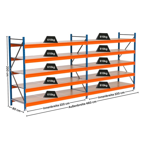 Abmessungen eines Schwerlastregals mit fünf Regalebenen und einer Traglast von 610 Kilogramm pro Ebene