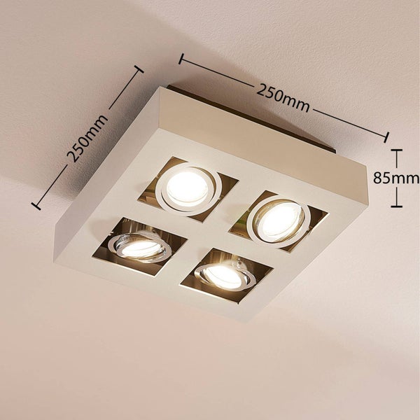 Quadratische Deckenleuchte mit vier Strahlern und den Maßen 250 mm mal 250 mm mal 85 mm