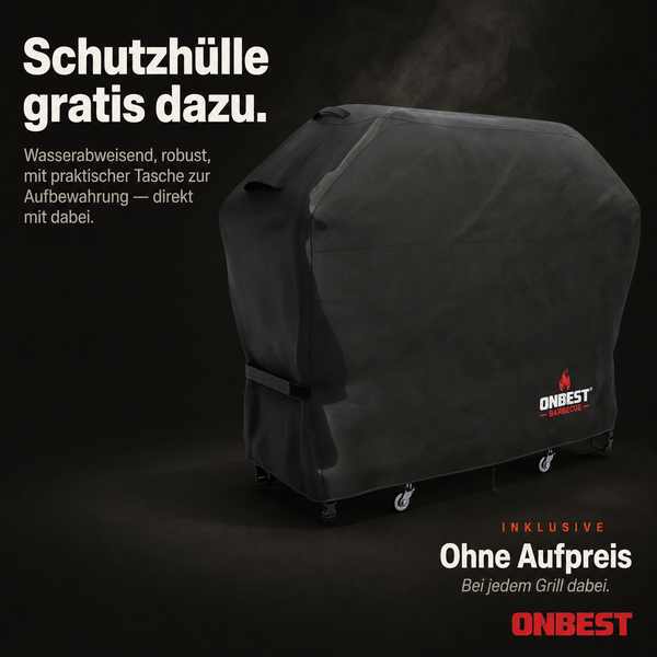 Schwarze, wasserabweisende und robuste Schutzhülle für Grills mit Aufbewahrungstasche, ONBEST Barbecue Logo.