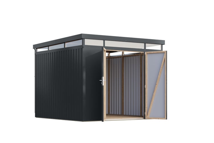 Metall-Gerätehaus mit Flachdach, Oberlicht und geöffneter Doppeltür, Konstruktion aus Holz und Metall.