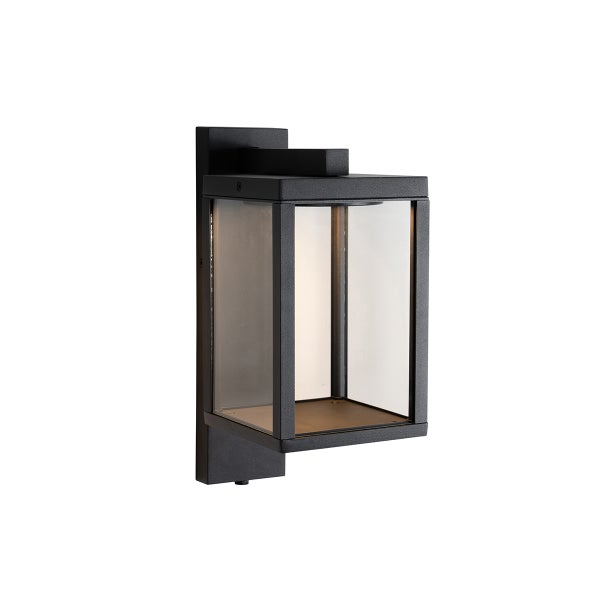 Schwarze rechteckige Außenwandleuchte aus Metall mit klaren Glasscheiben in modernem Laternendesign.
