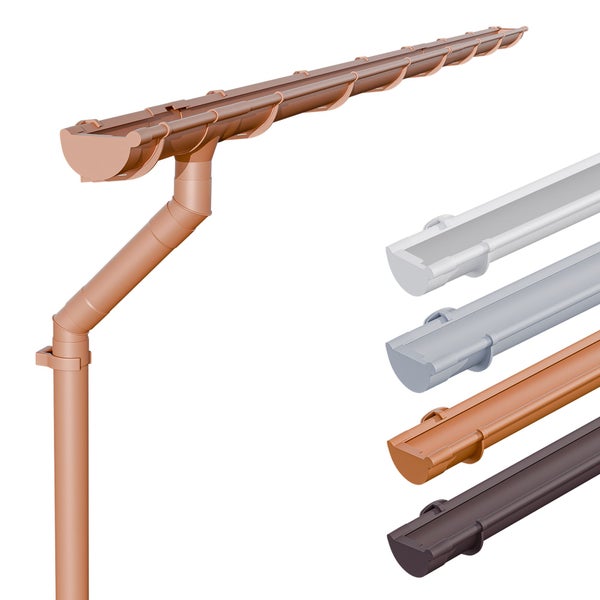 Dachrinnen-System aus Kunststoff mit Fallrohr und Verbindungsstücken in verschiedenen Farbausführungen.