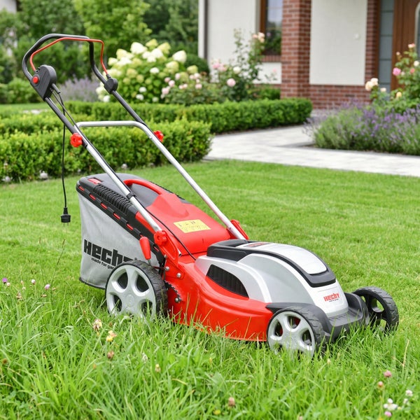 Roter und grauer Rasenmäher von Hecht auf Rasen vor einem Haus