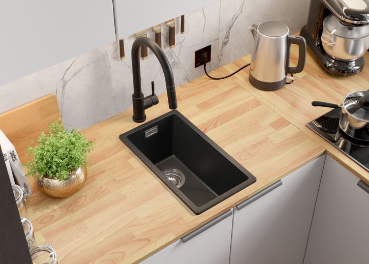 PRIMAGRAN Granitspüle Anthrazit 26x47cm, Spülbecken 1 Becken + Küchenarmatur 40x20cm + Ablauf-Set, Küchenspüle ab 30er Unterschrank - London Slim