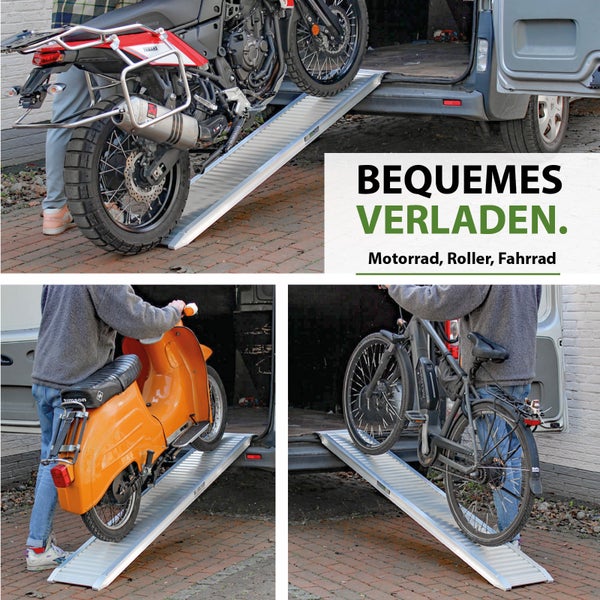 Aluminium Auffahrrampe für Motorrad, Roller und Fahrrad beim Verladen in einen Transporter
