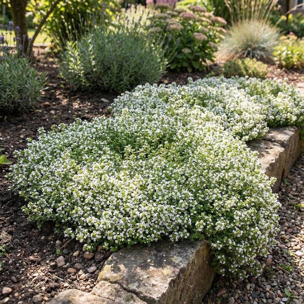 Bodendecker mit kleinen weißen Blüten wächst über eine Steinkante in einem Gartenbeet mit Lavendel im Hintergrund.