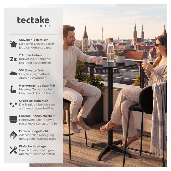 Ein Paar sitzt an einem höhenverstellbaren Tectake Bistrotisch auf einer Dachterrasse mit Stadtblick. Das Produktblatt hebt die Eigenschaften hervor.