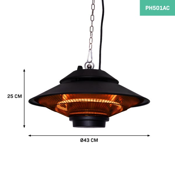 Hängender Terrassenheizstrahler schwarz, Durchmesser 43 Zentimeter, Höhe 25 Zentimeter, mit glühendem Heizelement und Kettenaufhängung.