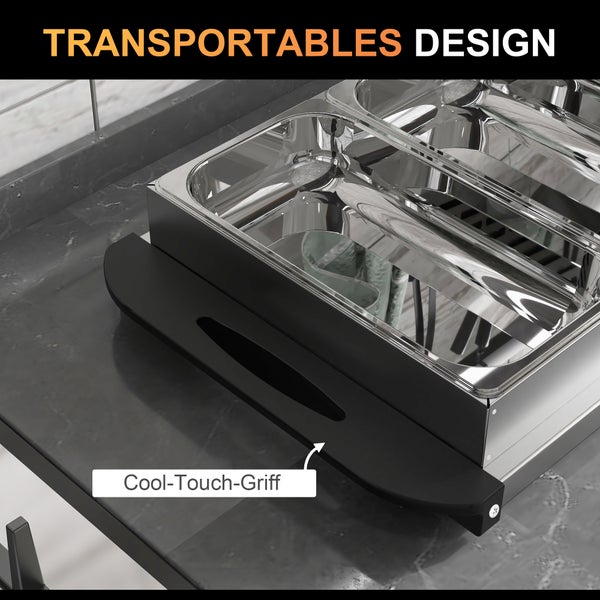 Speisenwärmer aus Edelstahl mit zwei Behältern und einem wärmeisolierenden Cool-Touch-Griff für transportables Design.