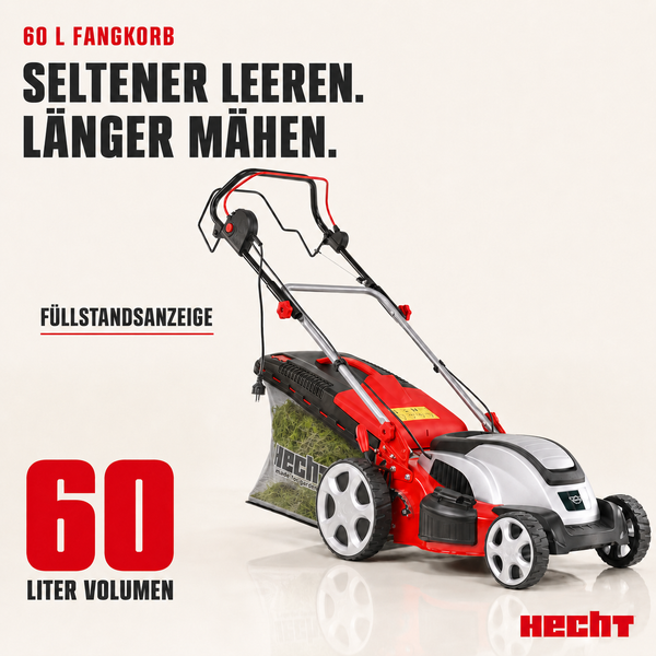 Hecht Elektro-Rasenmäher mit 60 Liter Fangkorb und Füllstandsanzeige. Hecht Logo.