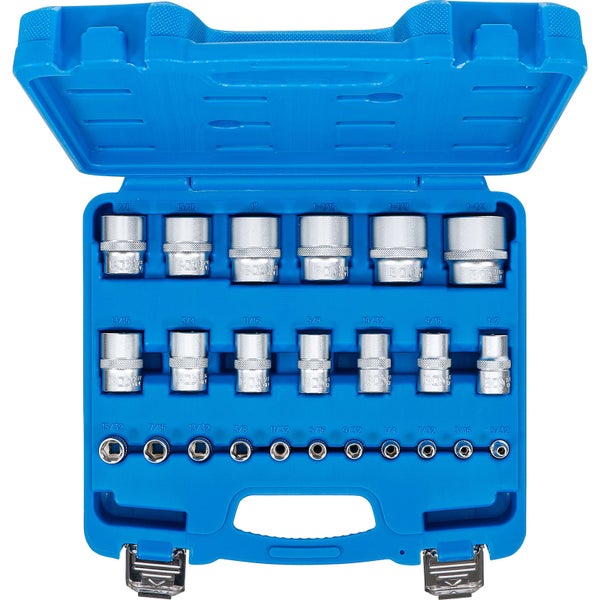 BGS Steckschlüssel-Einsatz-Satz Sechskant Antriebe Innenvierkant 6,3 mm (1/4), 12,5 mm (1/2) Zollmaße 24tlg. - 2246