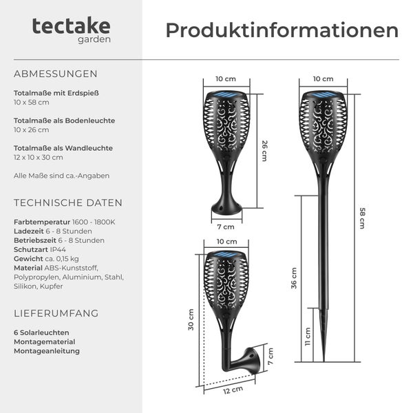 Produktinformationen zu Tectake Solarleuchten inklusive Abmessungen und technischen Daten.