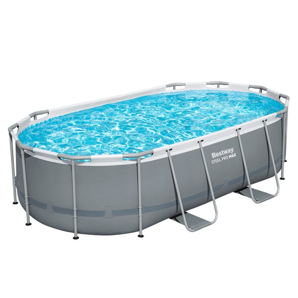 Bestway Steel Pro Max Aufstellpool, ovaler Rahmenpool mit grauem Außenmaterial und sichtbarem Stahlgestell, mit Wasser gefüllt.