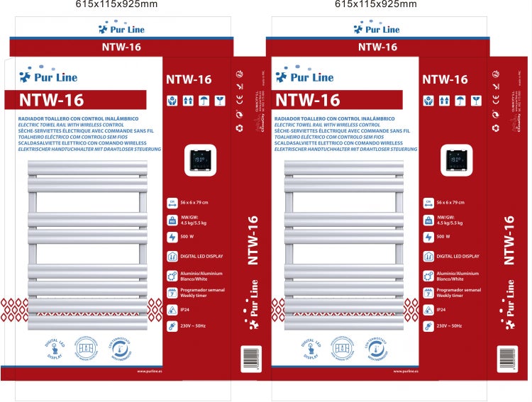 Verpackung eines elektrischen Handtuchwärmers mit drahtloser Steuerung von Pur Line