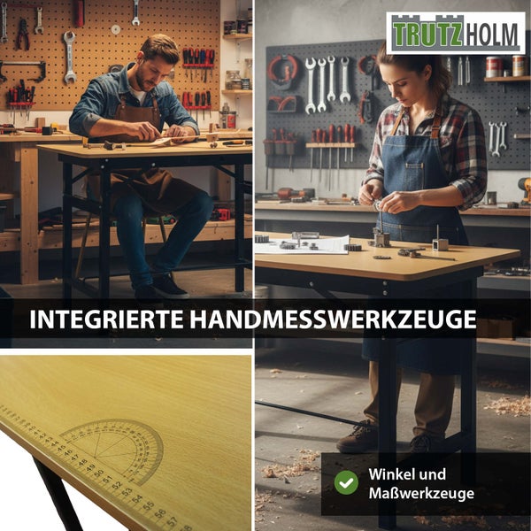 Werkbank mit integriertem Winkelmesser und Lineal auf der Holzplatte sowie Metallgestell in einer Werkstatt. Trutzholm Logo.