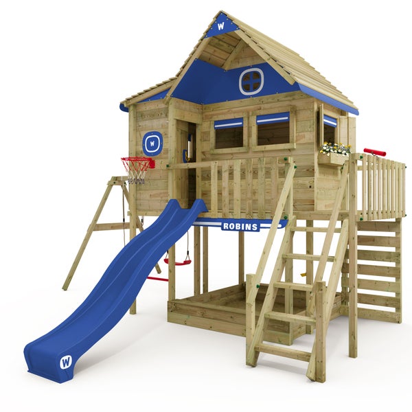 WICKEY Stelzenhaus Smart GreenHouse mit Schaukel und Rutsche,integriertem Sandkasten und großem Spielhaus mit massiver Treppe mit Handlauf, Fenstern, Rollos und Blumenkasten -  blau