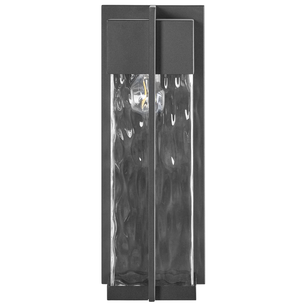Rechteckige Außenwandleuchte aus dunklem Metall mit gewelltem Glas und einem senkrechten Metallsteg in der Mitte.