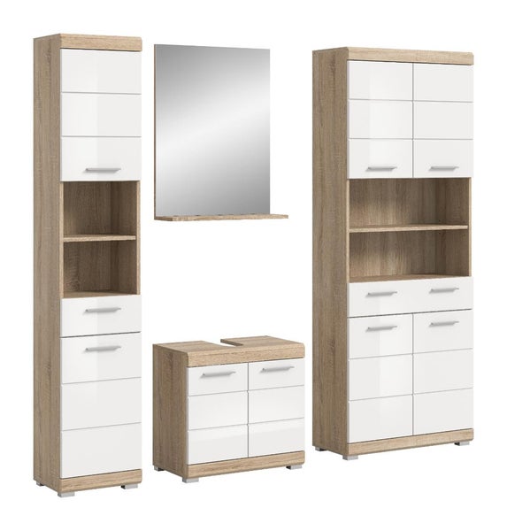 Badezimmermöbel Set bestehend aus Hochschrank, Waschbeckenunterschrank, Spiegel mit Ablage und Beischrank in Eichenoptik und Weiß.