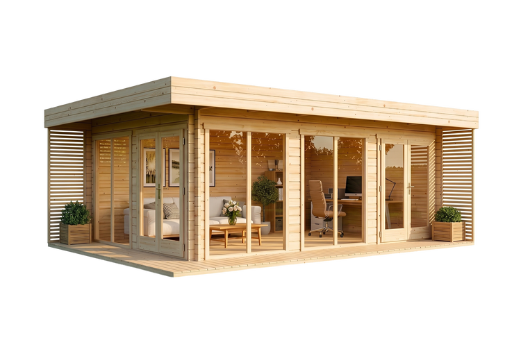 Modernes Gartenhaus aus hellem Holz mit Flachdach, großen Glasfronten, aufgeteilt in einen Wohnbereich und ein helles Heimbüro.