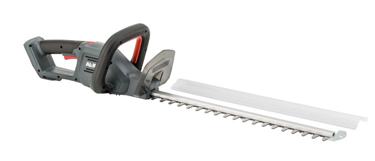 Akku-Heckenschere von AL-KO mit transparentem Messerschutz und ergonomischem Handgriff.