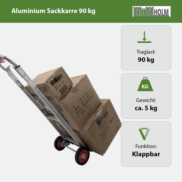 Trutzholm Aluminium Sackkarre klappbar mit einer Traglast von 90 Kilogramm und einem Eigengewicht von circa 5 Kilogramm