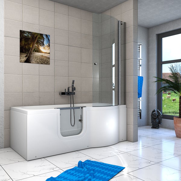Modernes Badezimmer mit weißer barrierefreier Badewanne inklusive Tür, Glas-Duschwand, verchromten Armaturen und großformatigen Fliesen.