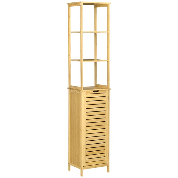 kleankin Badezimmerschrank Badschrank mit 3 offenen Fächer und 1 Schrank, Badmöbel Freistehender Hochschrank für Badezimmer, kleine Räume, Natur 34 x 30 x 173 cm