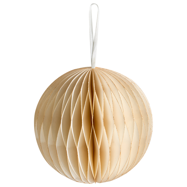 Beiger Weihnachtsanhänger Wabenball aus Papier mit Aufhängeschlaufe.