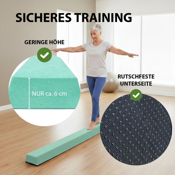 Schaumstoff-Schwebebalken für sicheres Training, geringe Höhe von circa 6 Zentimetern und rutschfeste Unterseite.