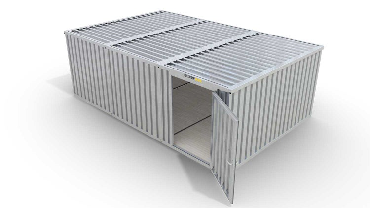 Lagercontainer Gerätehaus L3  – 25 qm, H2150 x B4050 x T6520 mm, verzinkt, mit Holzfußboden, 1270 mm Einflügeltür mittig in Modul D, zerlegt