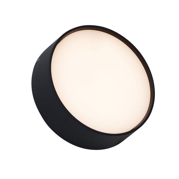 Runde Deckenleuchte aus schwarzem Metall mit weißem Diffusor.
