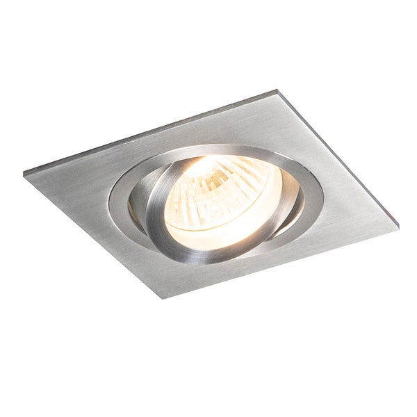 Eckiger LED-Einbaustrahler aus gebürstetem Metall, schwenkbar mit warmweißem Licht.