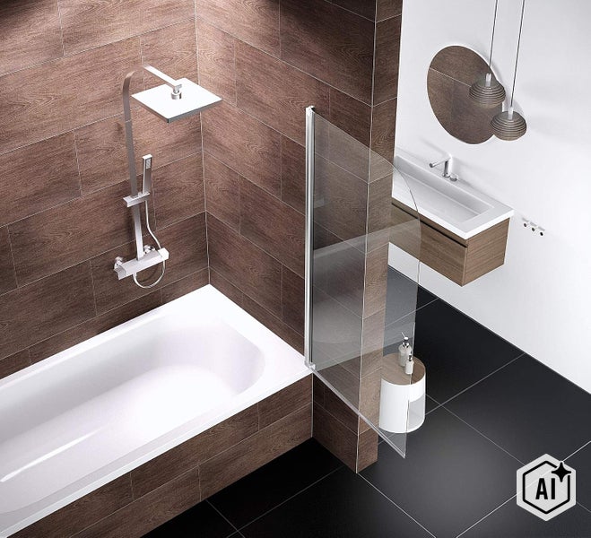Modernes Badezimmer mit Badewanne, Glas Duschwand, Armaturen und Waschtisch mit Spiegel in einer gehobenen Ausstattung.