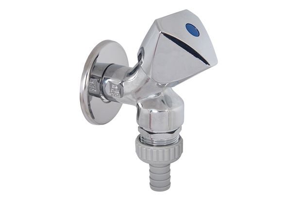 Geräteventil verchromt mit Dreikantgriff und Schlauchanschluss für die Wandmontage.