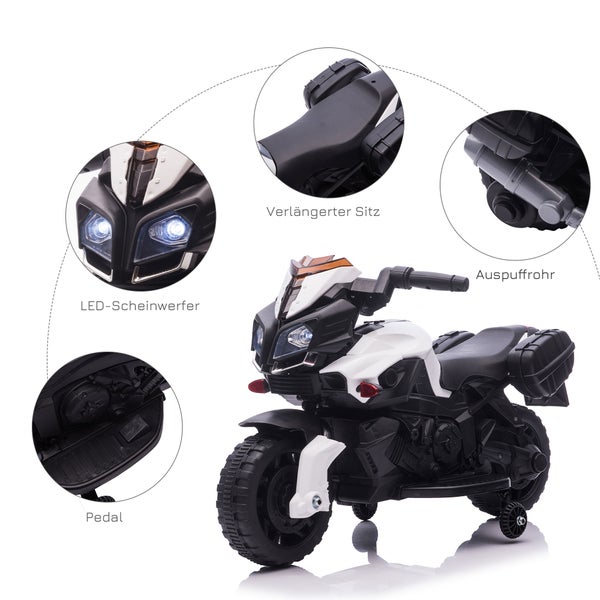 HOMCOM Elektromotorrad, 6V, LED-Licht, 88,5x 42,5x49 cm, Metall+PP, Schwarz+Weiß