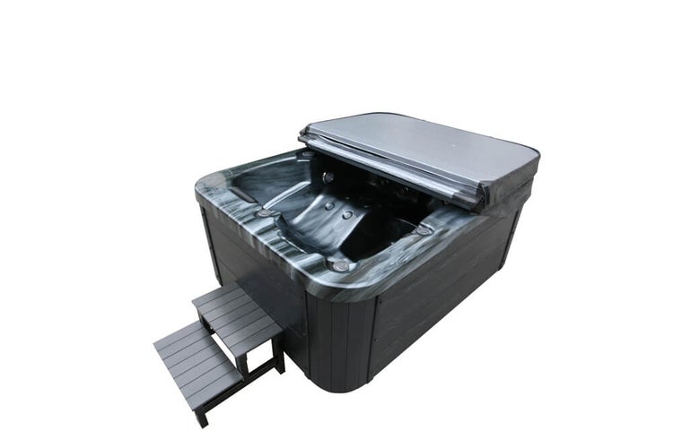 Home Deluxe - Outdoor Whirlpool - BLACK MARBLE PLUS Treppe und Thermoabdeckung - Maße 210 x 160 x 85 cm - Inkl. Heizung, 27 Massagedüsen und 9 Lichtquellen I Außen Whirlpool Spa für 3 Personen