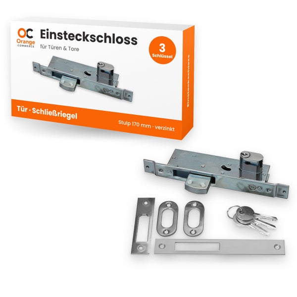 Einsteckschloss mit Schließblech und drei Schlüsseln in einer Produktverpackung