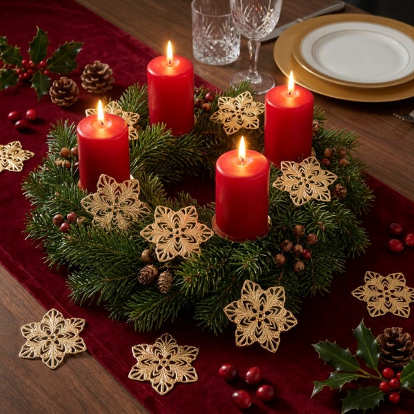 Adventskranz mit vier brennenden Stumpenkerzen, geschmückt mit Tannenzweigen, Kiefernzapfen und goldenen Sternenornamenten auf einem Tisch.