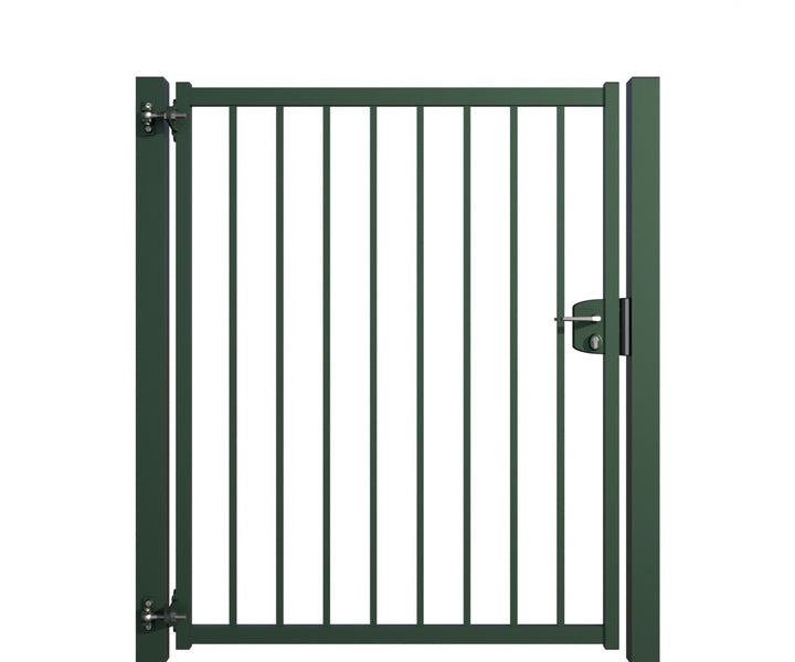 Metall Gartentür mit senkrechten Stäben und Schloss
