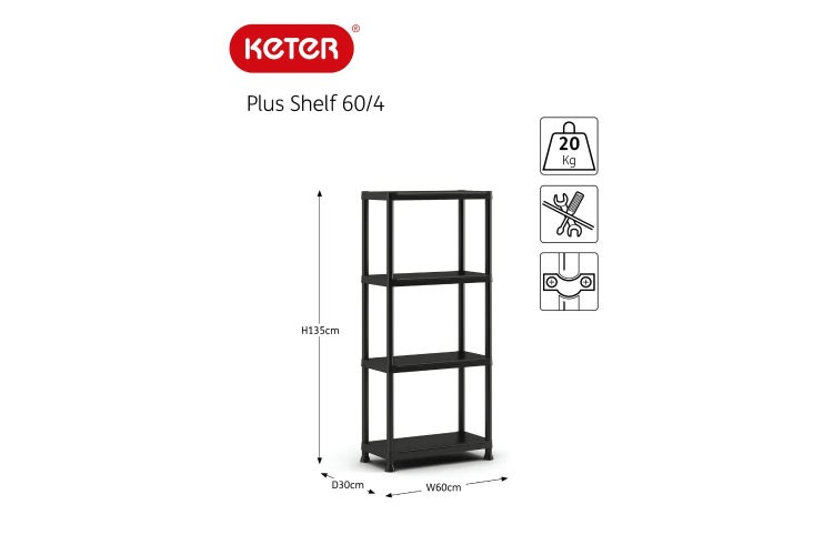 Keter Logo. Schwarzes Kunststoffregal Plus Shelf 60/4, 135 x 60 x 30 Zentimeter. Traglast 20 Kilogramm pro Boden, werkzeuglose Montage.
