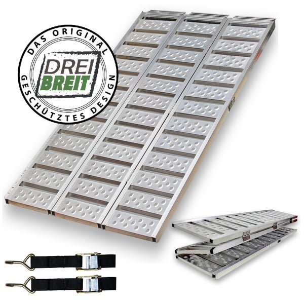 Dreiteilige klappbare Auffahrrampe aus Aluminium inklusive zwei schwarzen Spanngurten und Dreibreit Logo.