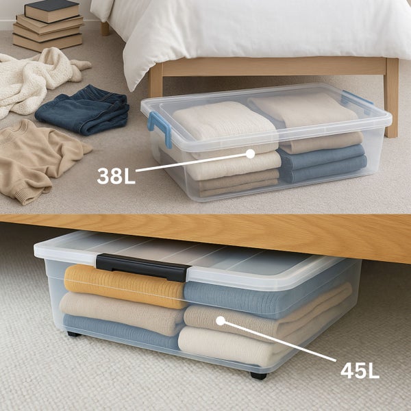 Zwei transparente Aufbewahrungsboxen mit Deckel unter und neben einem Bett, zur Aufbewahrung von Kleidung und Textilien.