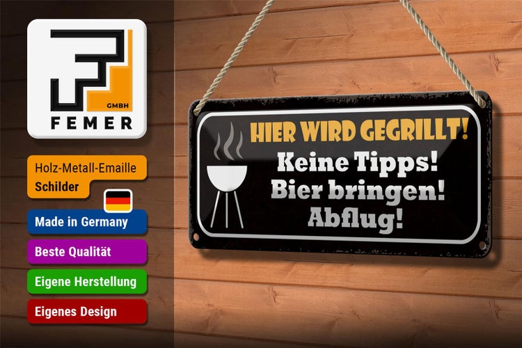 Blechschild Spruch 27x10cm hier wird gegrillt Bier bringen Dekoration