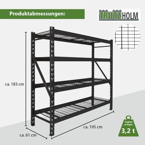 Trutzholm shelf dimensions: Height approximately 183 cm, width approximately 195 cm, depth approximately 61 cm. Load capacity per shelf: 3.2 tons. Trutzholm logo.