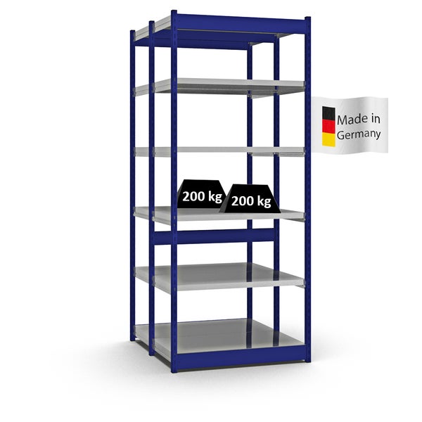 PROREGAL Fachbodenregal Stecksystem Vierkant-Profil Grundregal HxBxT 250 x 102,5 x 50 cm 2x6 Ebenen Doppelseitige Bauart Fachlast 200 kg Enzianblau